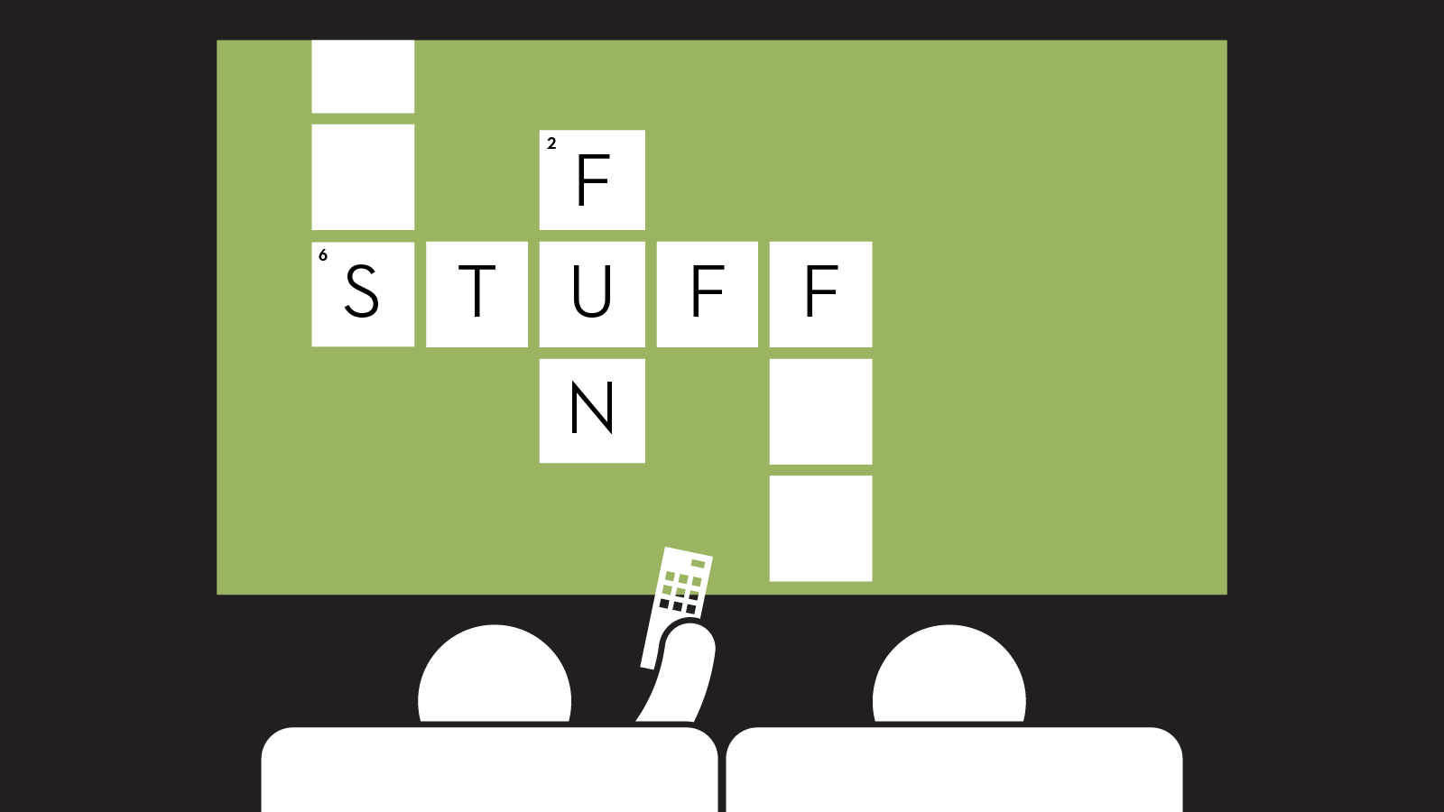 graphic of two people watching a screen with a crossword puzzle spelling fun stuff