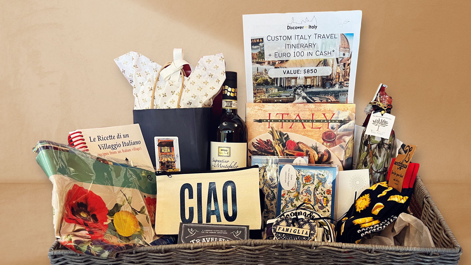 Photo of the 2nd prize basket filled with Italian themed treats, staycations experiences 