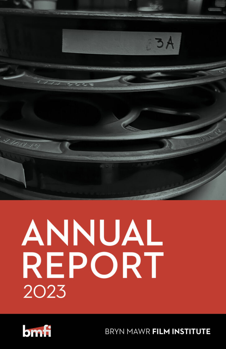 Cover of BMFI's 2023 Annual Report, showing a black and white photo with three reels of film and the text "Annual Report 2023". 